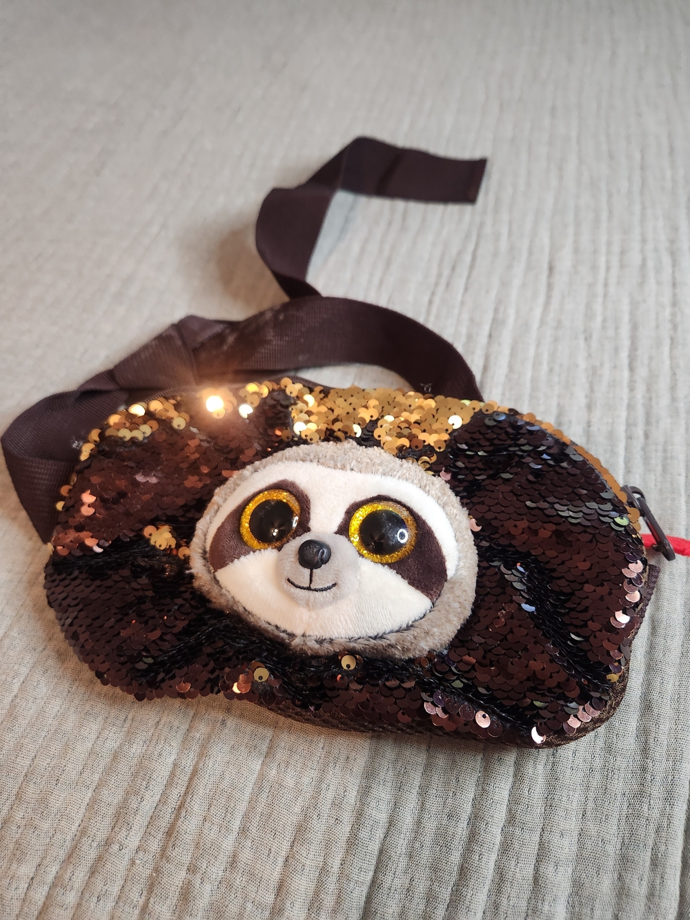 Ty Sequin Sloth Crossbody Bag with Plush Face - Brown & Gold